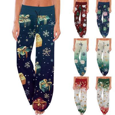Moda feminina casual confortável pijama calças natal impressão cordão calças largas