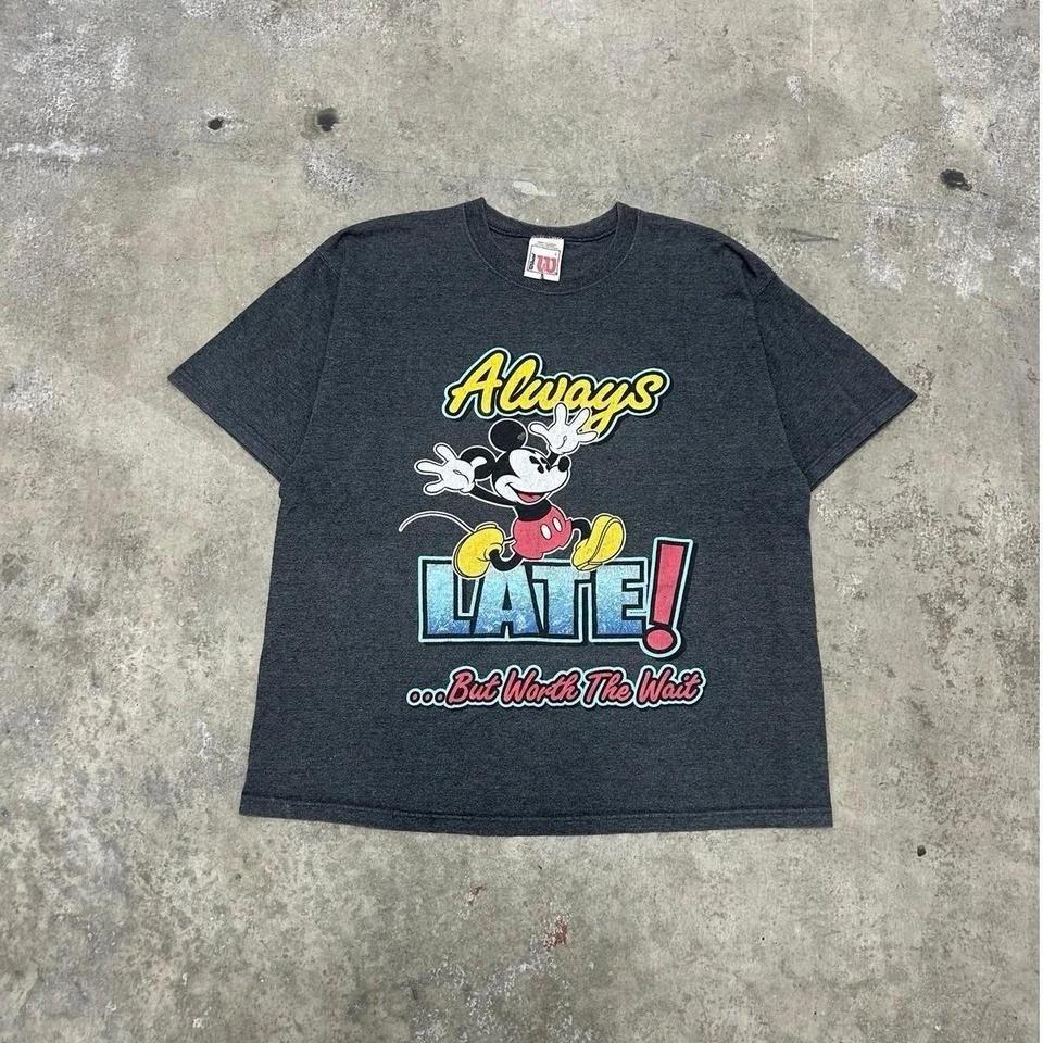 90 s Vintage Mickey Mouse Grey T-shirt Sz Large  Always Late But Worth The Wait 2XL