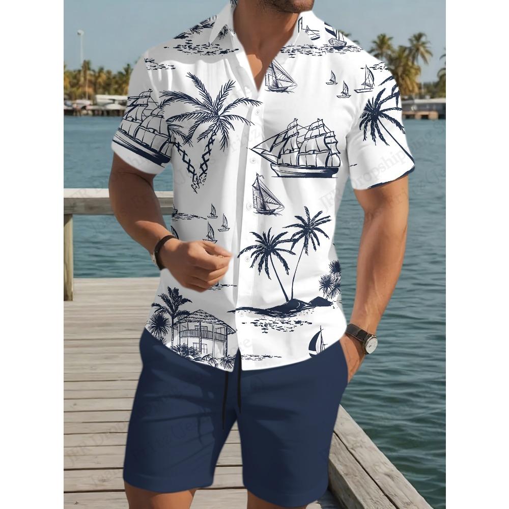 Sailing Tree Hawaiian Shirt Set Beach Animal 3d Print Sets Men Fashion Shirt+Short 2pcs Lapel New Suit Leisure Holiday Tracksuit