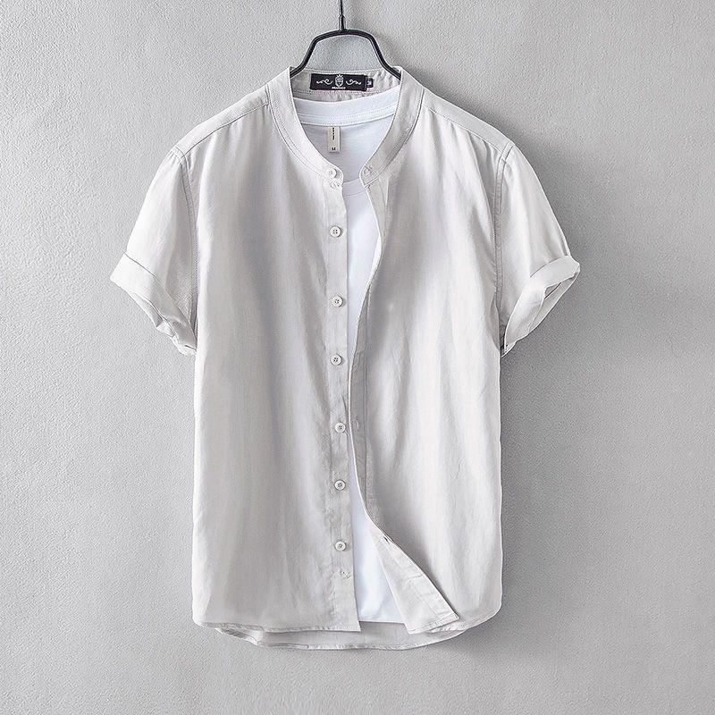 

Мужская льняная рубашка с воротником-стойкой в китайском стиле — короткий рукав, свободный крой, летний повседневный тренд 3XL