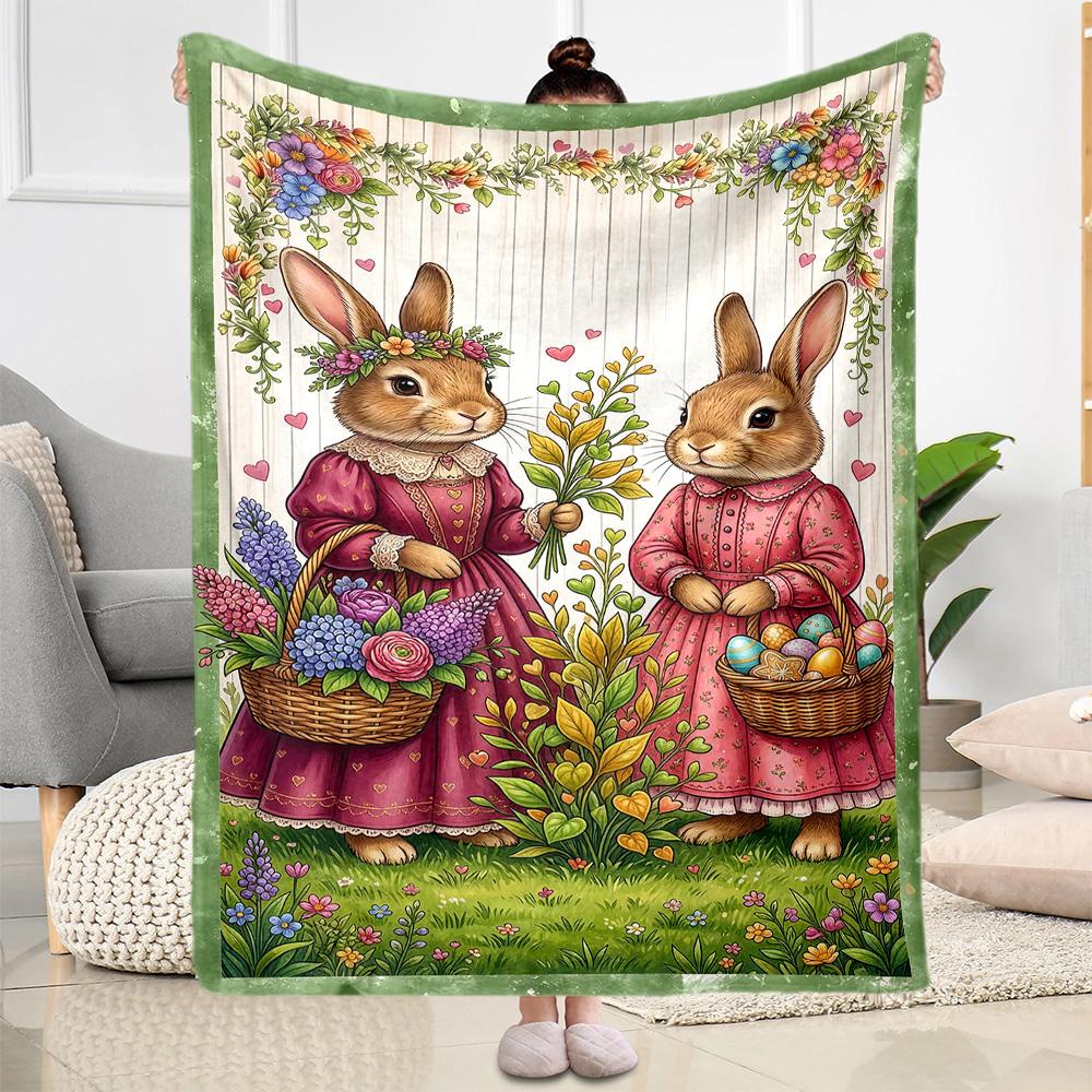 Easter Bunny With Flowers Blanket,Suitable for sofas, offices, travel, living rooms, gift for friends and family,Suitable for all seasons.