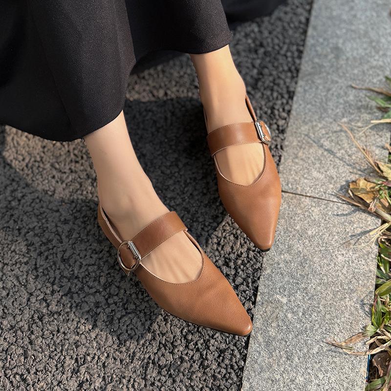 Johnature Retro Mary Jane Pointed Toe Women's Shoes Versatile Genuine Leather Soft Soled Flat Shoes