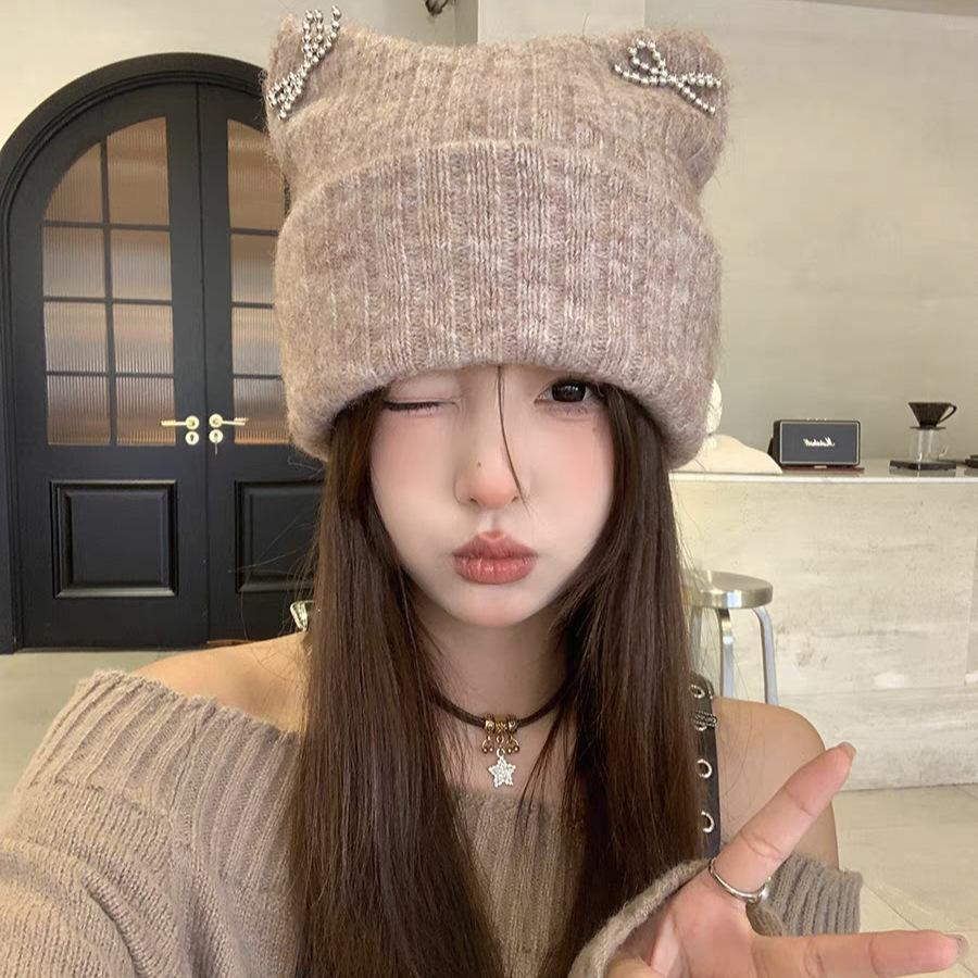 Korean Cute Cat Ear Wool Hat for Women In Autumn and Winter New Windproof Warm Pullover Hat Big Head Circumference Pile Hat Trendy