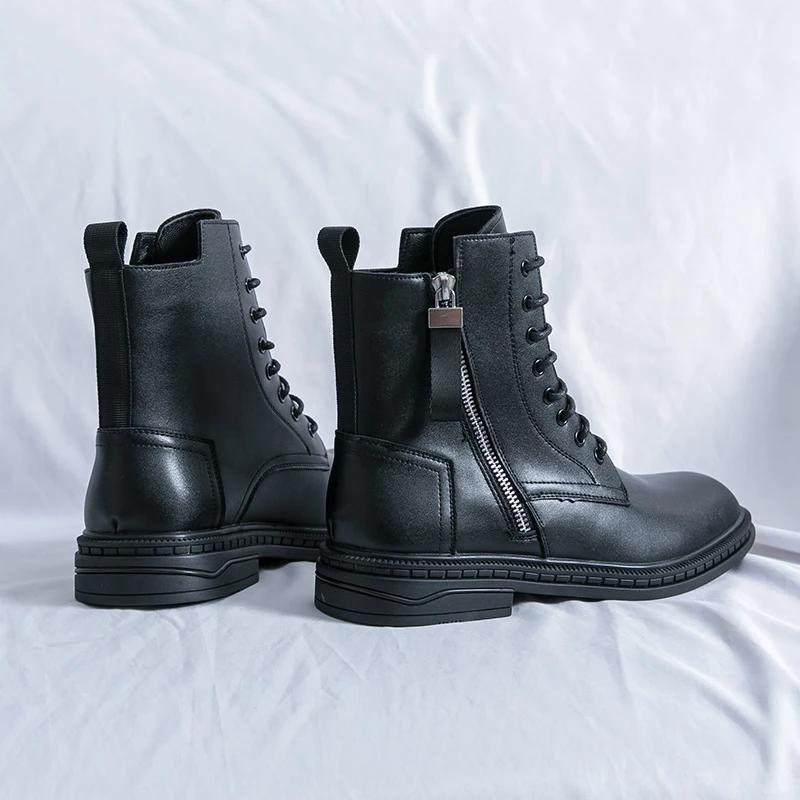 Punk Style Brown Leather Motorcycle Boots High Top Mens Casual Shoes Side Zipper Denim Boots Classics Male Ankle Boots Footwear