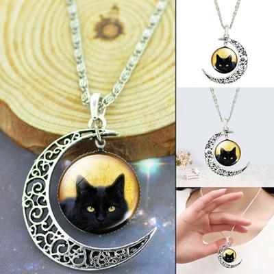 Damen-Halskette mit hohlem Halbmond, schwarzer Katze, Glas-Anhänger, Gliederkette, Schmuck