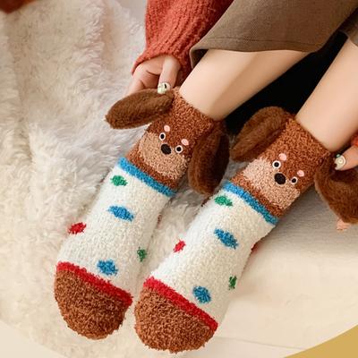 Yousheng 1 Pair Floor Socks 3D Cartoon Dachshund Design Striped Print Elastic Opening Socks Coral Fleece Thickened Mid-Length Sleeping Socks