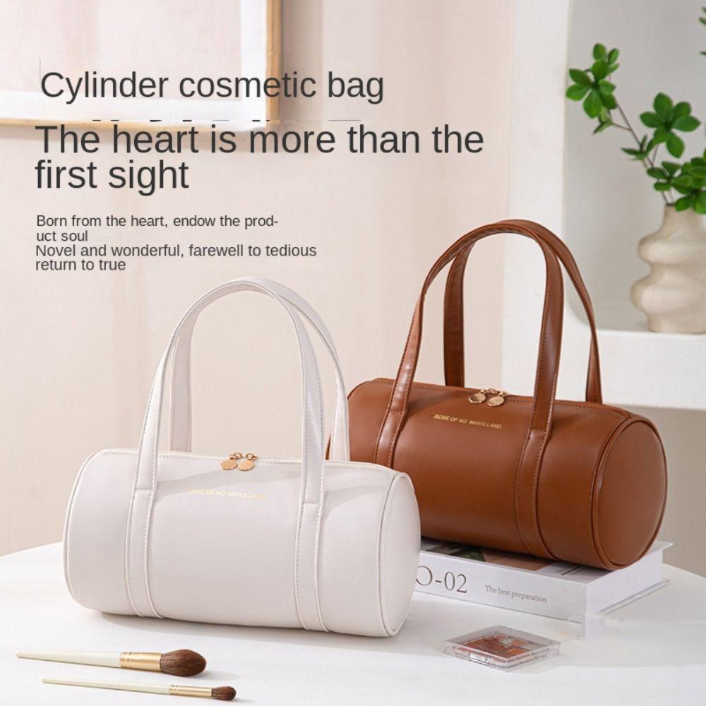 

Cylinder Makeup Bags Toiletries Organizer PU Leather Handheld Cosmetic Bags New Wash Bag