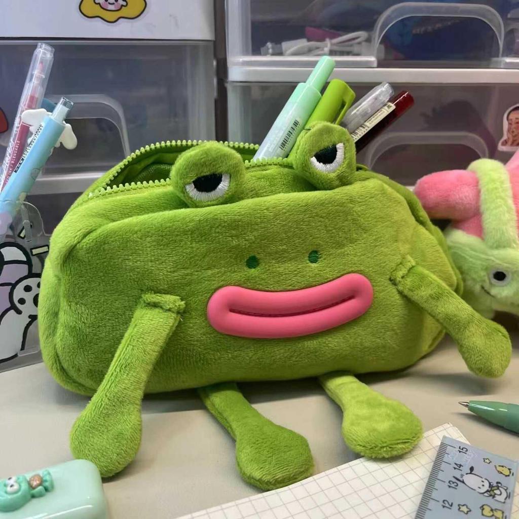 Cartoon Plush Frog Pencil Case - Large Capacity, Cute Sausage Mouth Design, Student Stationery Box