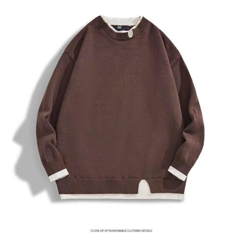 

Men s Red Round Neck Faux Two-Piece Long-Sleeve Sweater - Trendy Knit Design for Spring and Autumn Large кавовий