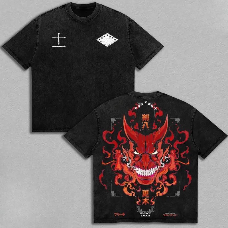 Vintage Washed Kenpachi Zaraki T-shirt BLEACH Anime Red Oni Demon Mask Print Oversized Unisex Streetwear Cotton Short Sleeve Tee