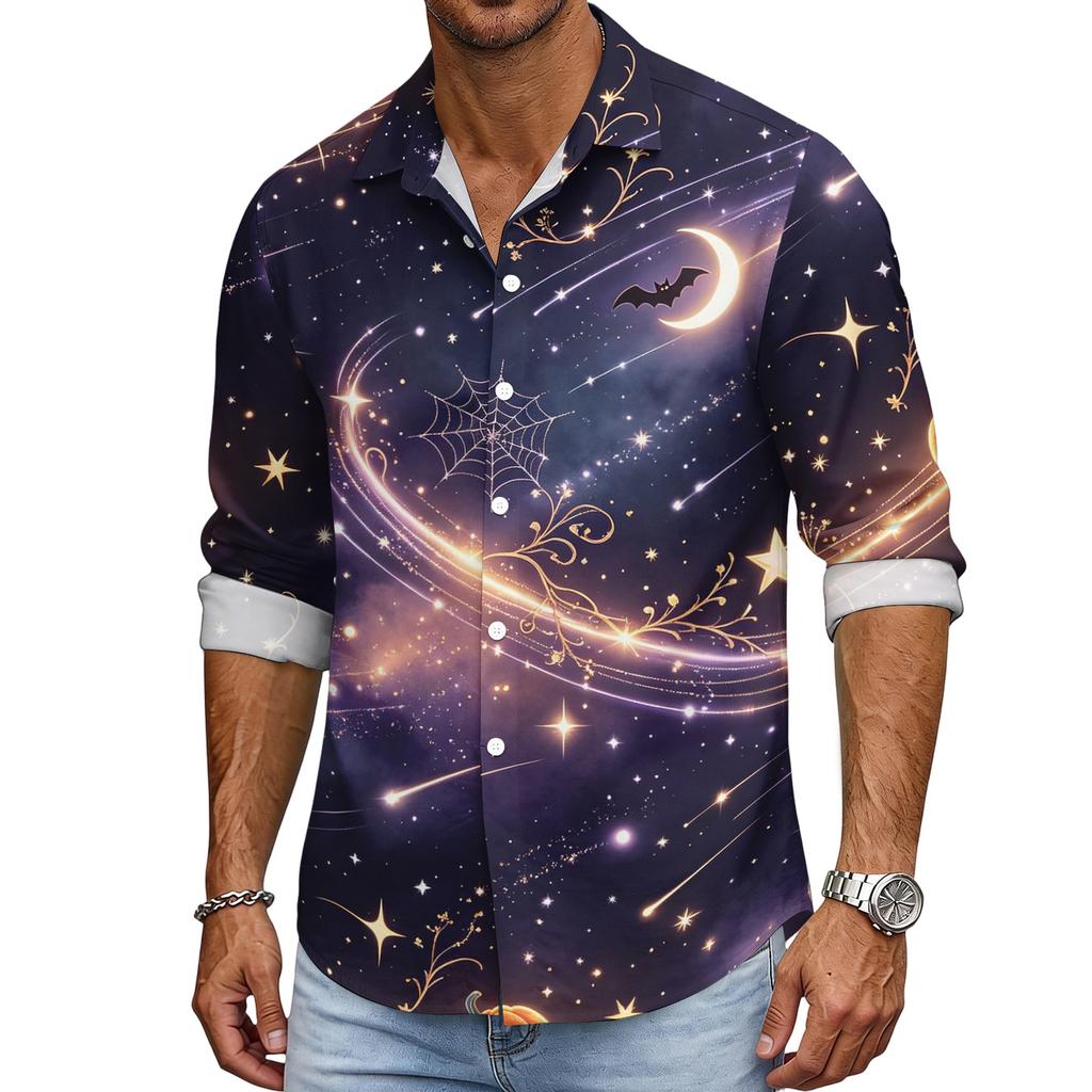 Men's Loose Fit Long Sleeve Shirt Halloween Design Breathable Casual Vintage Style Button Down Shirt for Spring and Autumn Outdoor Workwear