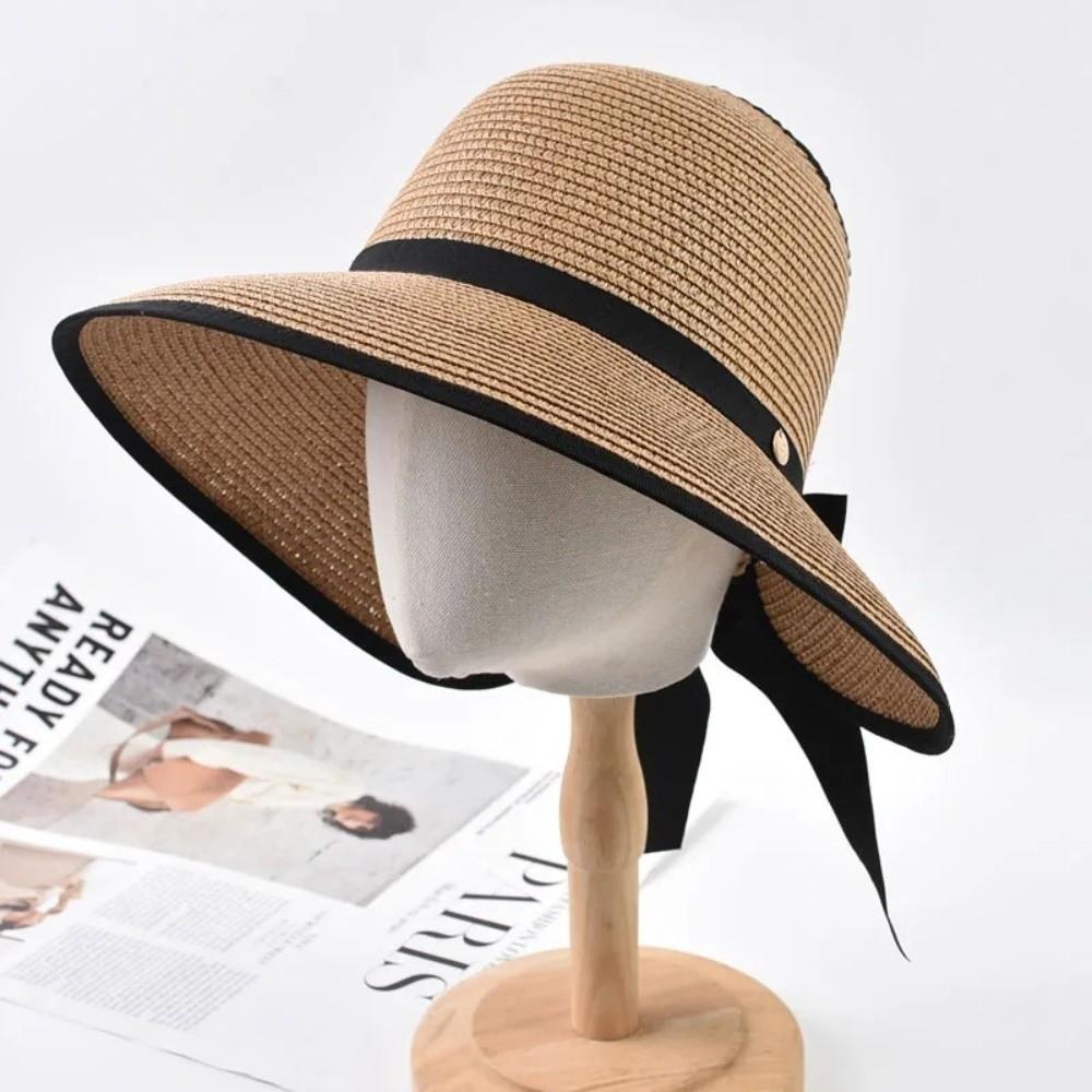 Large Brim Summer Straw Hat Bowknot Design Wide Brim Hat Elegant Empty Top Sun Hat for Women