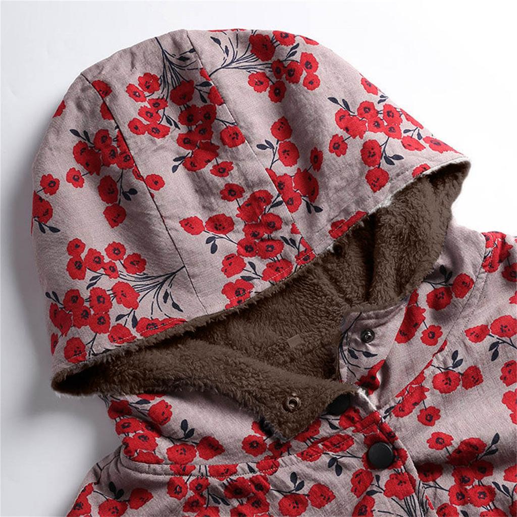 Ladies Long Sleeve Zipper Hooded Thick Composite Plush Vintage Flower Print Plus Size Hooded Jacket