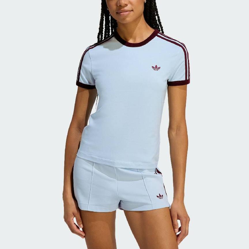 adidas Originals 3 Stripes Slim Fit Women's Short Sleeve T-Shirt Crystal Sky Maroon KD3684