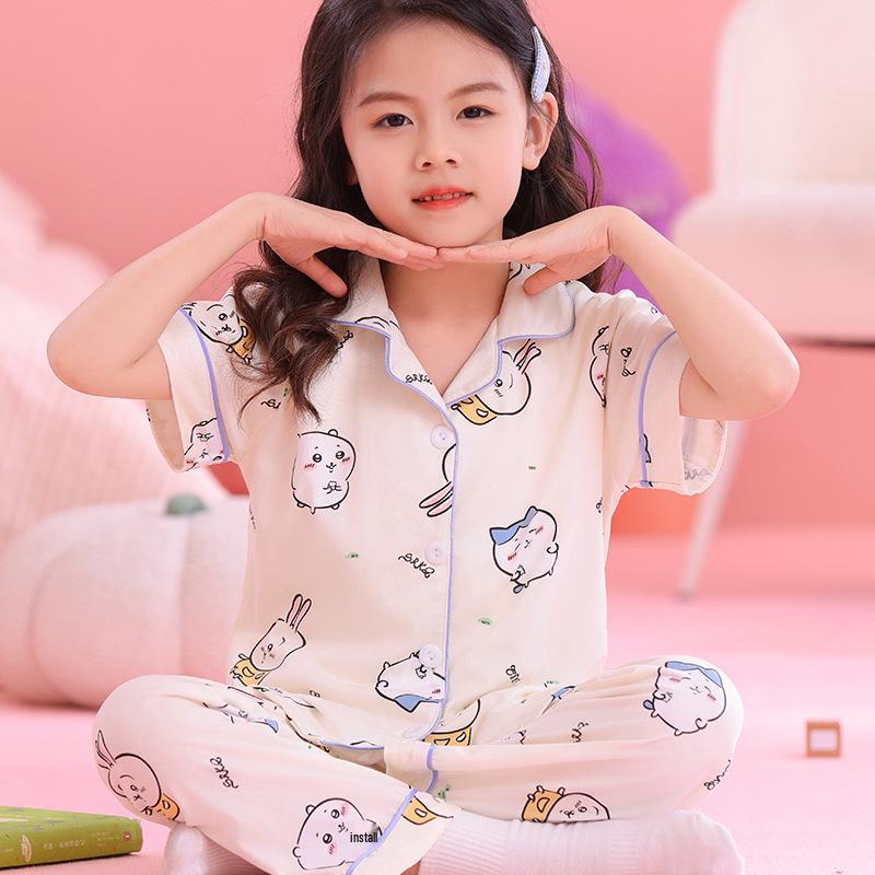 Kuromi Girls' Spring/Autumn Pajama Set with Short Sleeve Cardigan and Long Pants for Indoor/Outdoor Wear