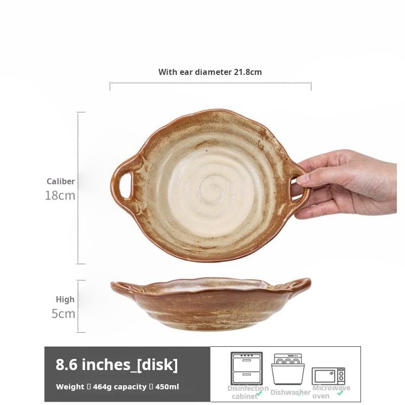 Coarse earthenware plate, Japanese retro ceramic double-ear plate, salad plate, household handcrafted fruit plate, salad bowl