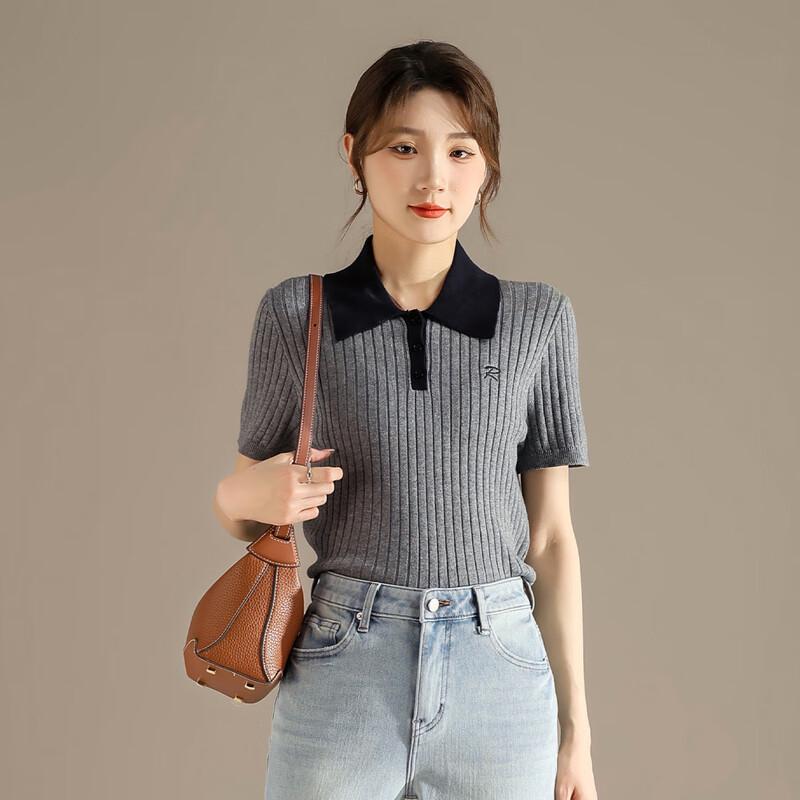 

RAIN.CUN Женская трикотажная футболка с вышивкой букв и контрастным поло-воротником XL