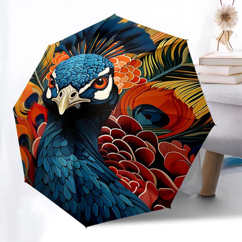 

1pc Colorful Peacock Feather Print Automatic Folding Umbrella, Portable 3-Fold Design with Iron Frame, Perfect for Outdoor Use, Festive Gifts, Travel,
