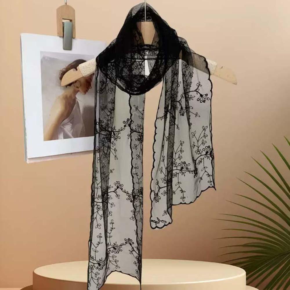 Breathable Embroidered Flower Shawl Polyester Lace Thin Headscarf Long Hijab Scarf Neck Decoration