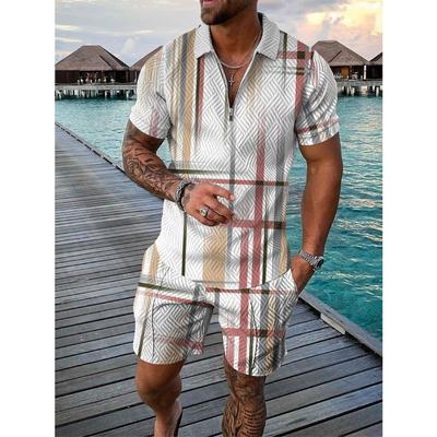 Contrast Summer Men Suits Lapel Zip Printed Short Sleeve T Shirt 2 Piece Set Casual Pocket Short Pants Sweatsuits Men's Sports Two Piece Sets
