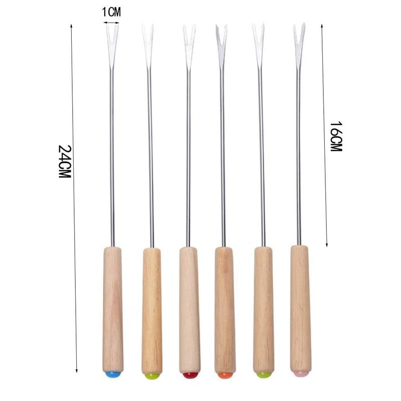 Stainless Steel Fondue Forks with Wood Handle,Chocolate Fork,Fruit Dessert,Cheese BBQ Fork Set,Hot Pot Skewer Kitchen Tool,6 Pcs