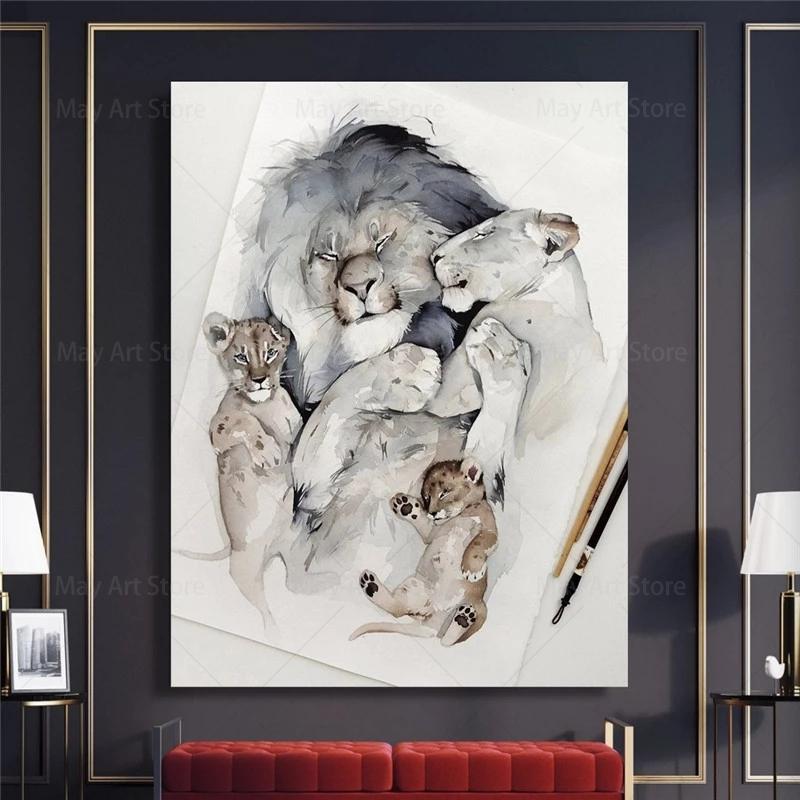 Modern Animal Loving Lion Family Canvas Painting Posters  Prints Wall Art Pictures for Living Room Home Wall Decoration Cuadros