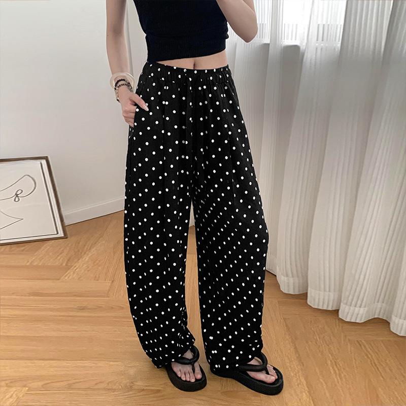 

Летние тонкие брюки с высокой талией, свободные, ленивые, в горошек, повседневные, теннисные, для пола M чёрный