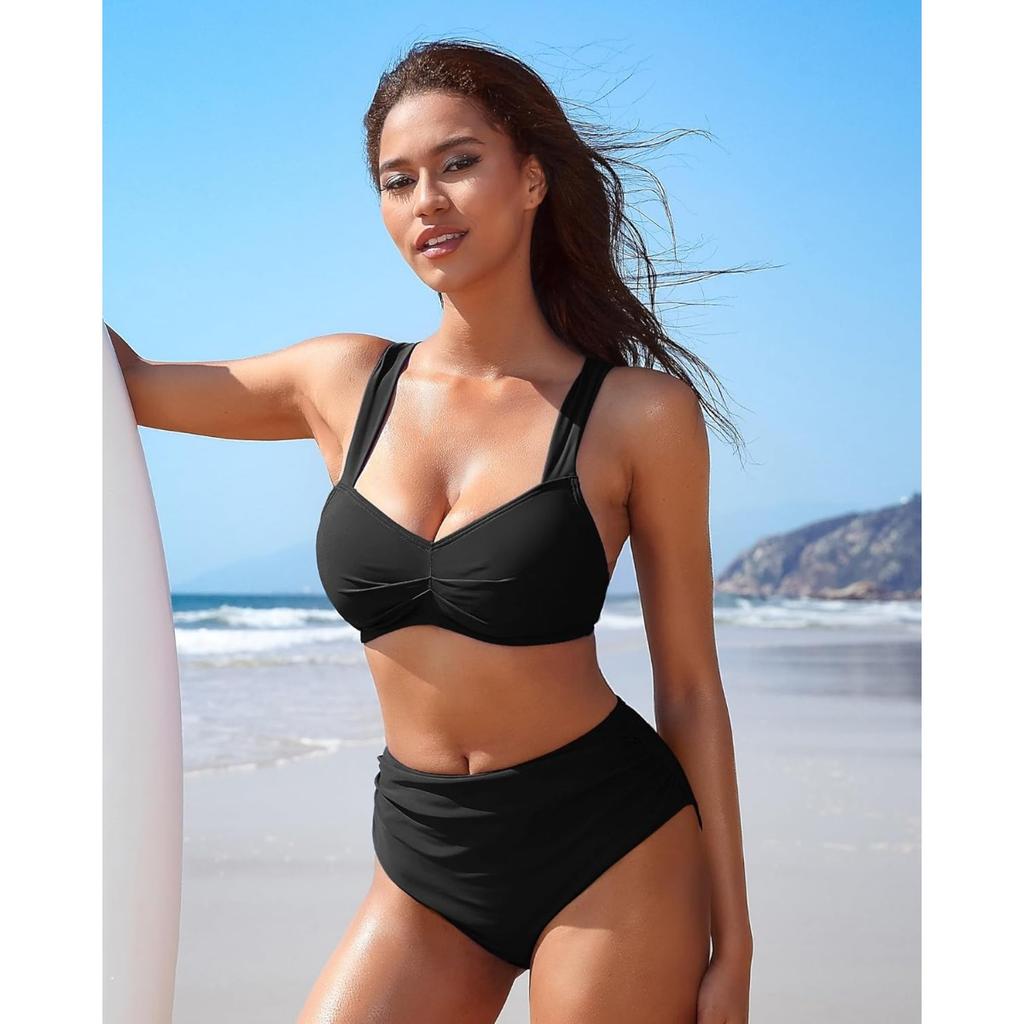 Charmleaks Women High Waisted Bikini Sets Two Piece Swimsuit Ruched Sexy Bandeau Bathing Suit