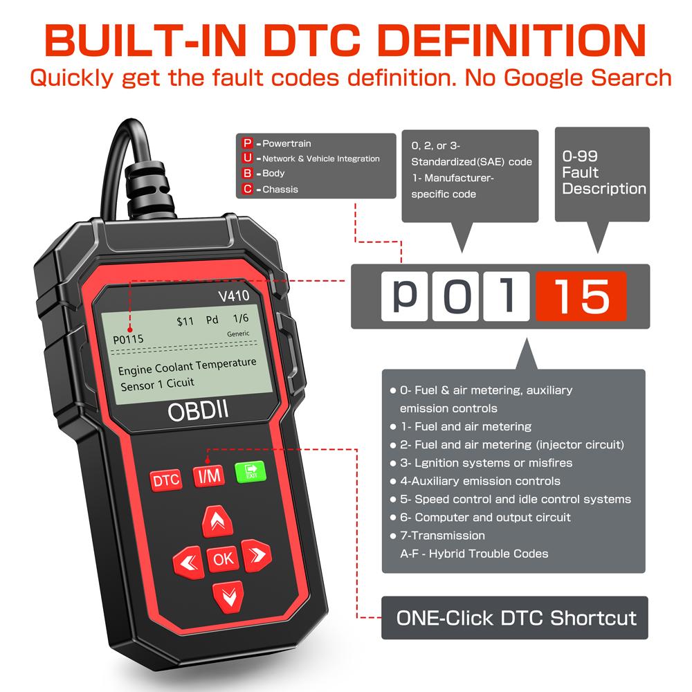 OBDII EOBD Read/Clear Fault Code OBD2 Code Reader ELM 327 V410 Car Diagnostic Tools OBD2 Scanner Digital Display Auto Engine System Detection