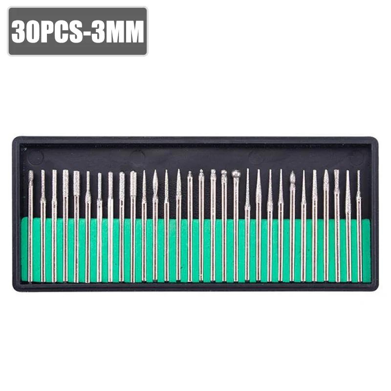 30pcs 2.35/3mm Diamond Grinding Head Shank Fits Dremel Rotary Tools with Case Diamond Grinding Polishing Burr Set