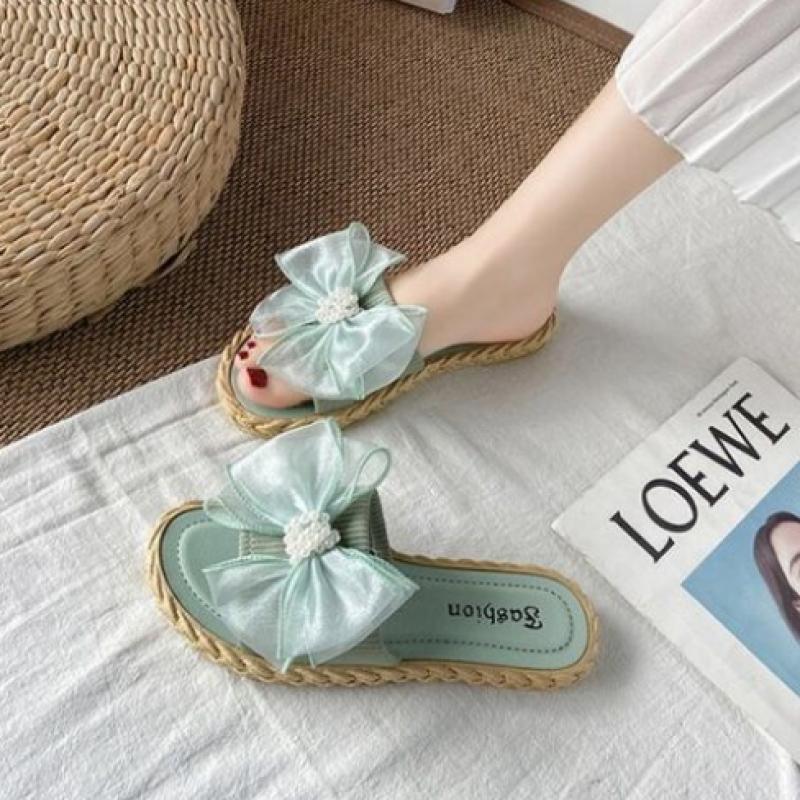 New Arrivals Open Run Ribbon Slippers Pearl Ballet Core Rattan Summer Vacation