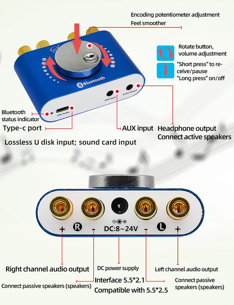 Bluetooth 5.0 Digital Audio Power Amplifier S Class D Mini HiFi Stereo 200W *2 12V/24V Home Car USB Music Sound Card AMP Speaker