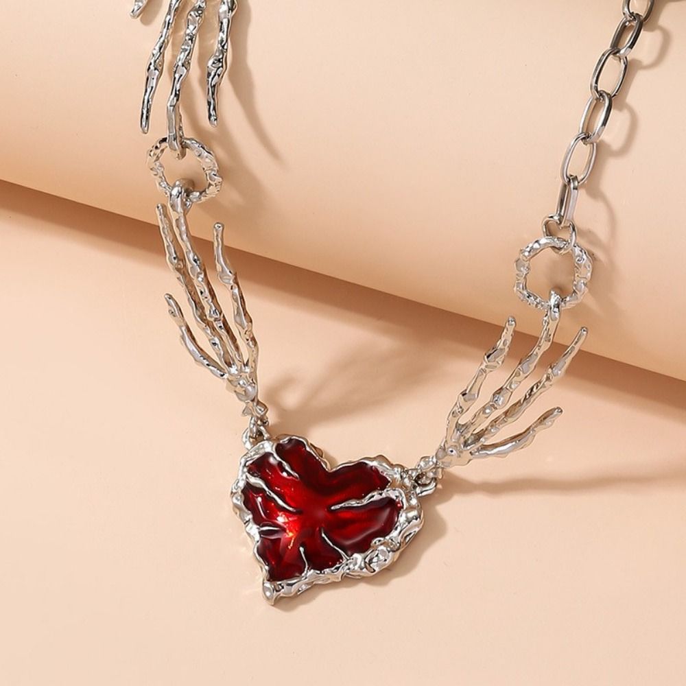 Red Heart Skull Claw Pendant Exaggerated Heart Necklace Fashion Gothic Necklace Women Girls
