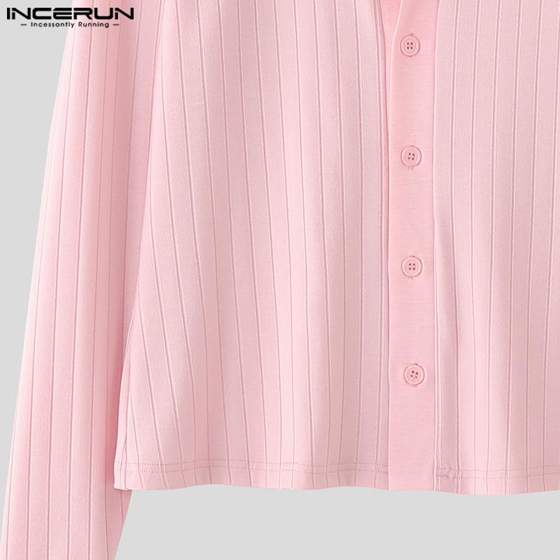 INCERUN Autumn Men Lapel Neck Long Sleeve Ribbed Casual Fitted Cropped Tops Undershirts
