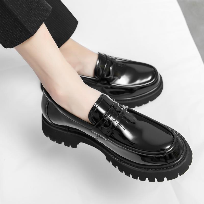 Sur-chaussures mocassins, petites chaussures en cuir, chaussures en cuir brillantes rehaussées à semelles épaisses style britannique, chaussures décontractées