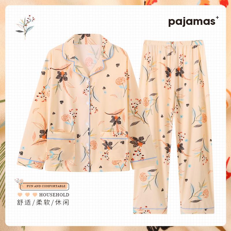 High-value large-size pajamas women's spring and autumn imitation cotton long-sleeved trousers middle-aged loungewear suit