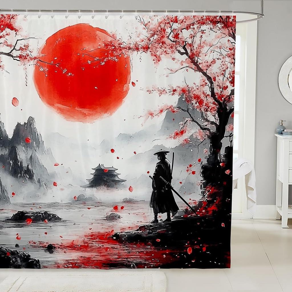 Japanese Geisha Shower Curtain Red Cherry Blossoms Bath Curtain For Boys Girls Teens Japanese Ukiyoe Bathroom Shower Curtain