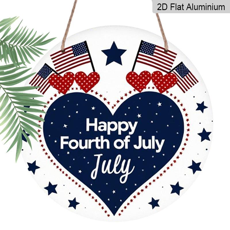 2D Flat 1pc, 8x8 In, July 4th Happy Round Aluminum Metal Sign - Patriotic American Flag & Heart Design, Wall Decor for Home, Office, Kitchen, Bedroom