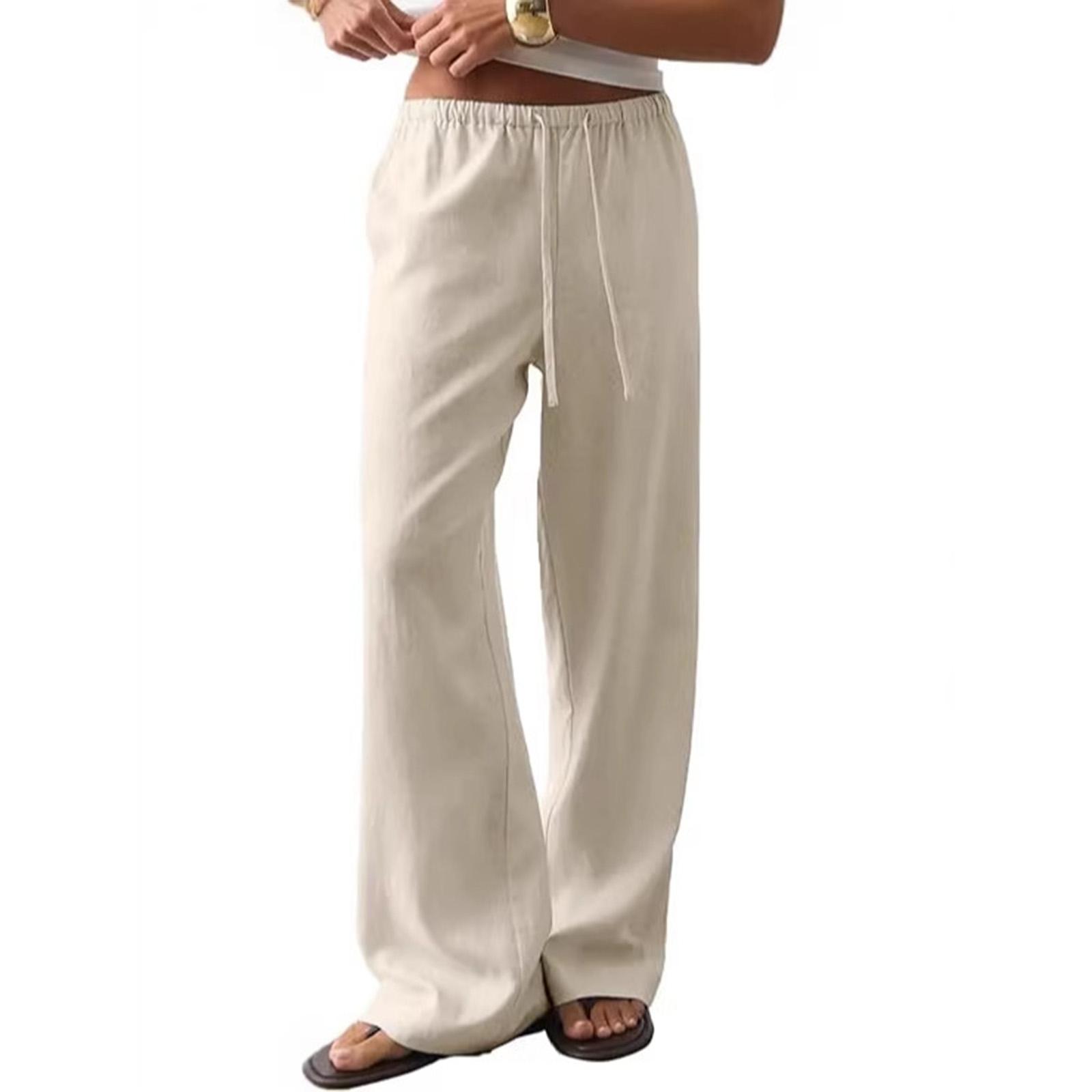 Women s Loose Straight Vacation Waist Beach Trousers Drawstring Pocket Casual Pants S бежевый