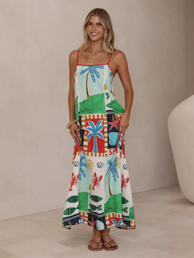 2026 Casual Holiday Printed Linen Slip Dress