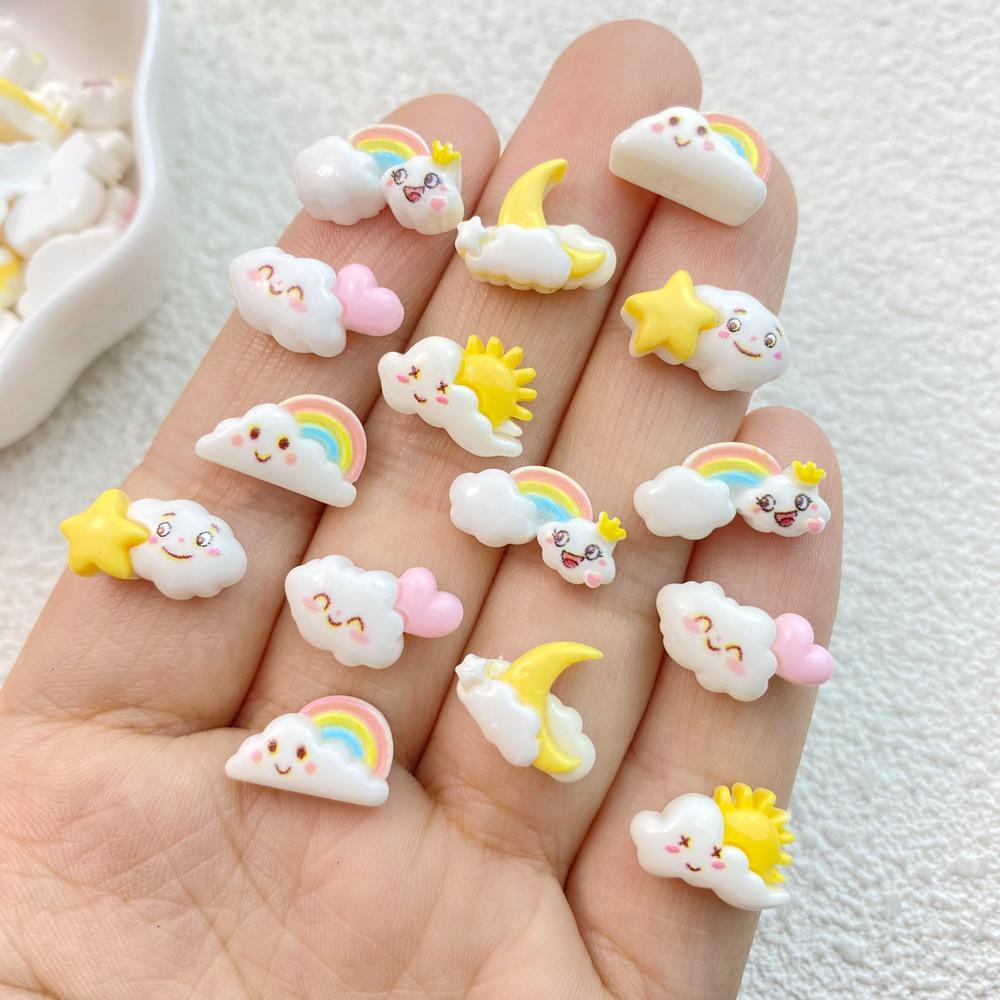 30Pcs New Cute Resin Mini Rainbow, Moon, Stars and Clouds Flat Back Manicure Parts Embellishments For Hair Bows
