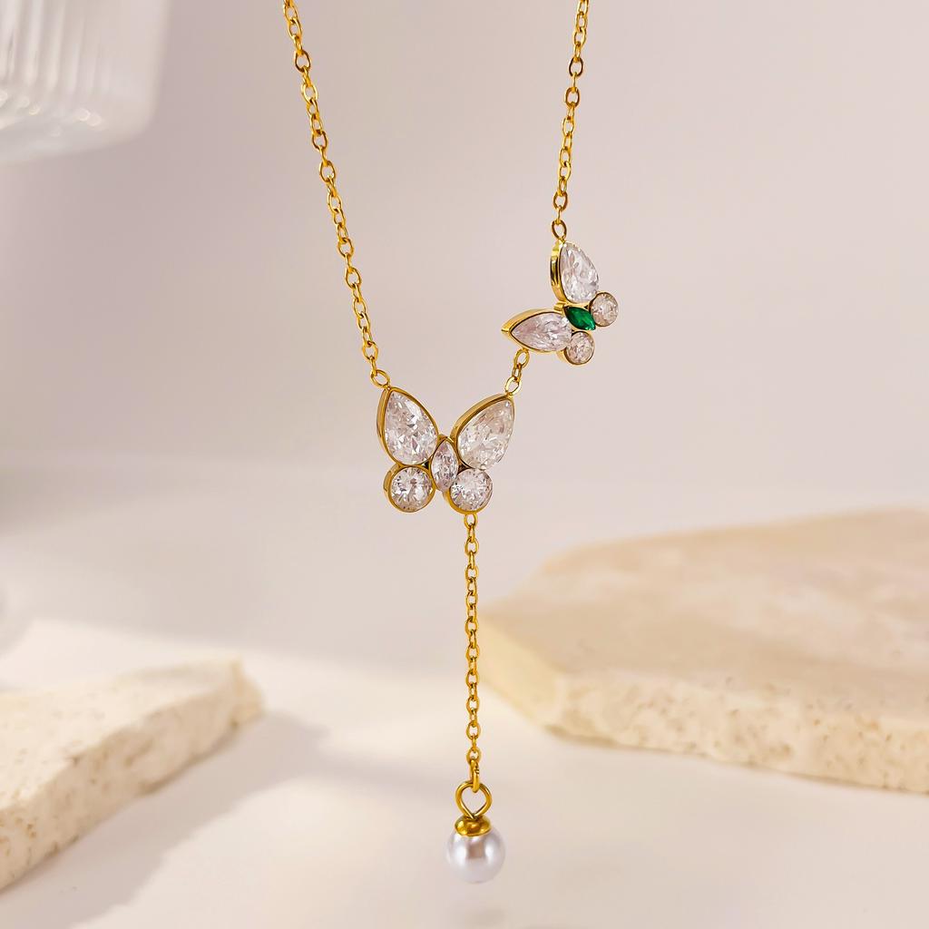 Exquisite butterfly Necklace Fashion Stainless Steel Luxury Zircon Jewelry Commute Pearl Tassel Chokers Necklaces ALN2601000252