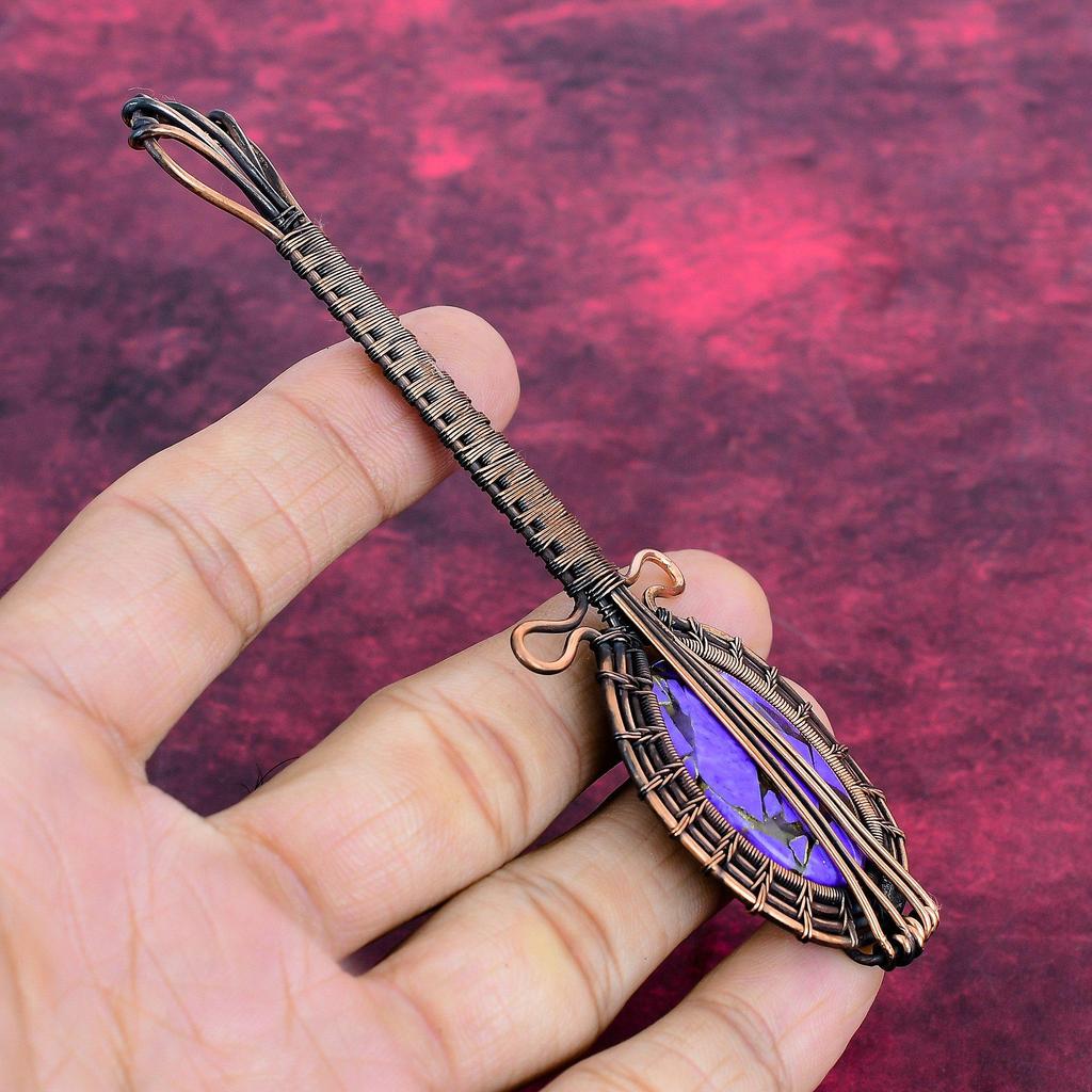 Copper Charoite Real Gemstone Pendant Guitar Pendant Copper Wire Wrapped Jewelry