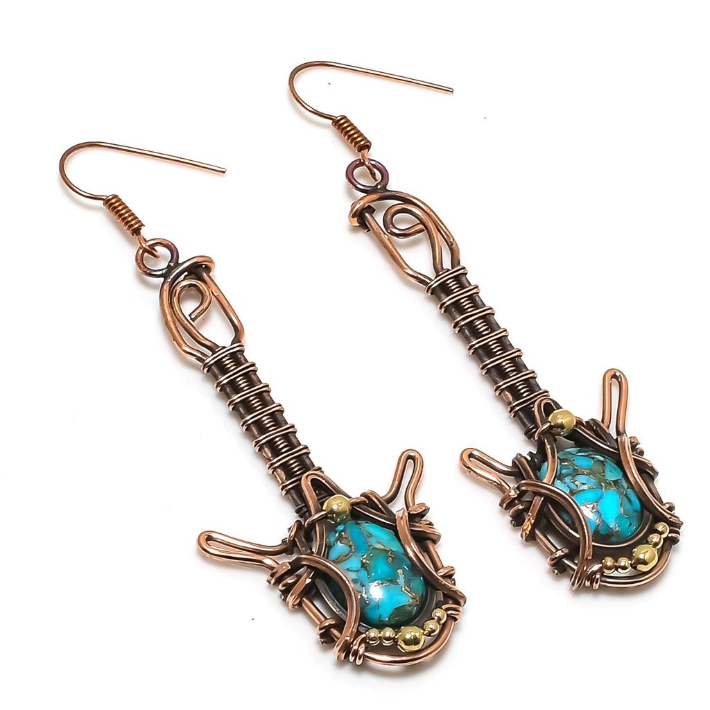 Blue Copper Turquoise Handmade Gemstone Earrings, 999 Copper Wire Wrapped Earrings Antique Jewelry, For Engagement Gift