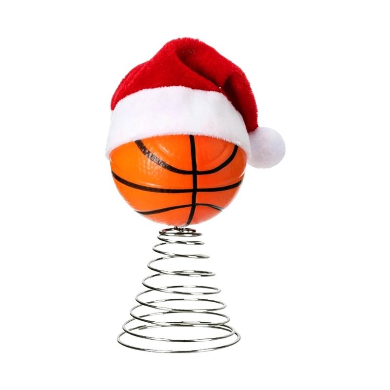 Sports Ball Christmas Tree Top Ornament, Spring Mounted Santa Hat Style for Indoor Holiday Party Tabletop Shelf Display
