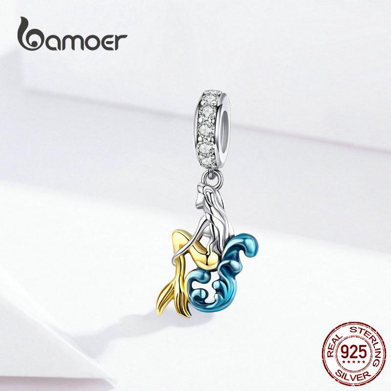 BAMOER Waiting Mermaid Pendant for Necklace Sterling Silver 925 Enamel Design Charms