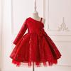 Rochie de prințesă roșie cu paiete, cu un singur umăr și fundă, pentru fete, pentru evenimente formale