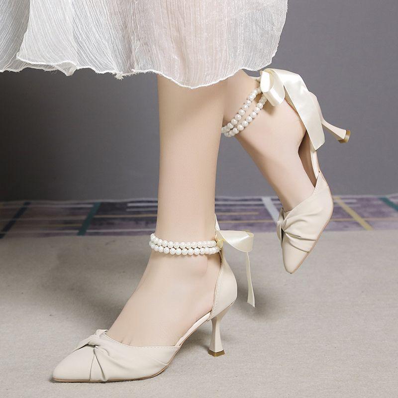 Solid color high heels mid-heel with skirt sandals 2025 summer new wear-resistant stiletto temperament French bridesmaid shoes