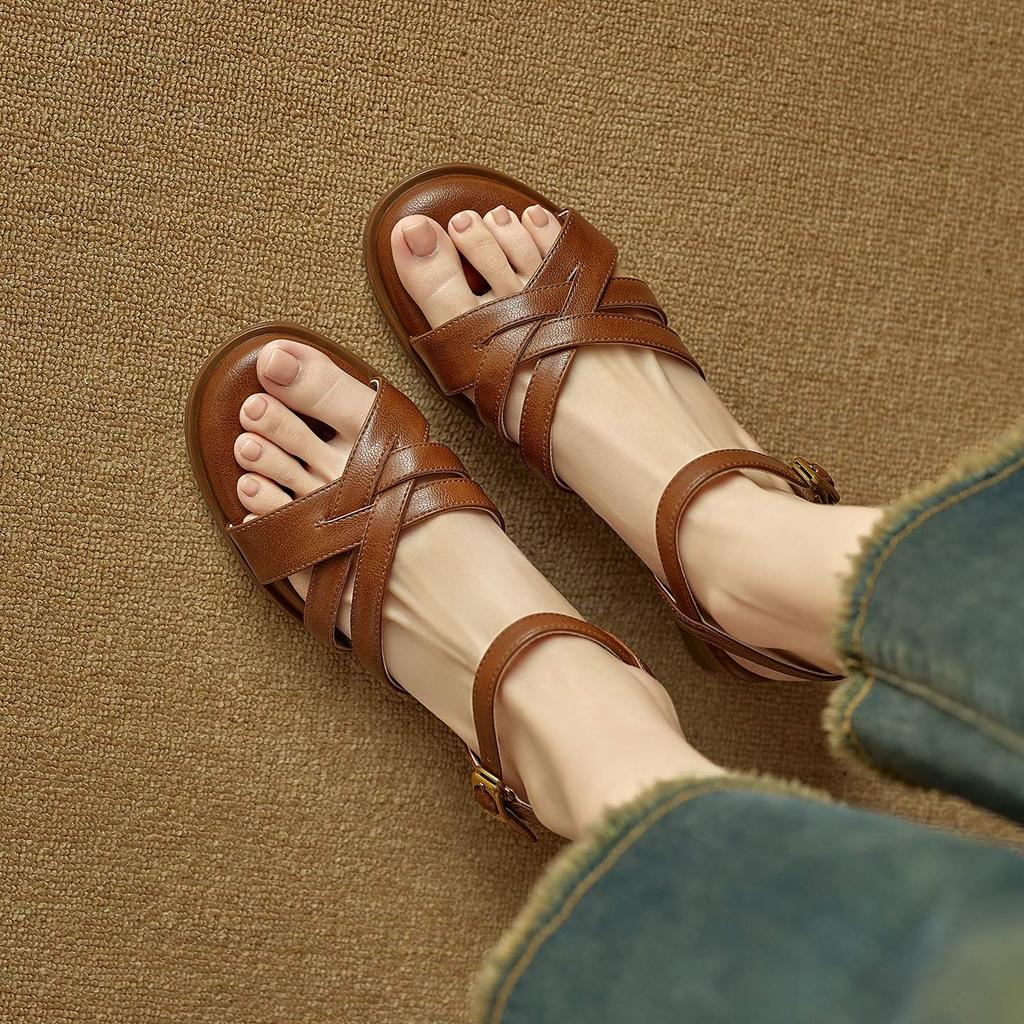 Krazing Pot Cow Skin Thick Med Heels Peep Toe Summer Size 42 Brand Shoes Street Wear Gladiator Elegant Women Sandals