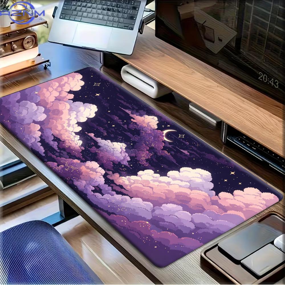 Large Xxl Gaming Mouse Pad Desk Mat Keyboard Pad Art Purple Pink Cloud Moon Star Sky Print Nonslip Rubber Extended Stitched Edge